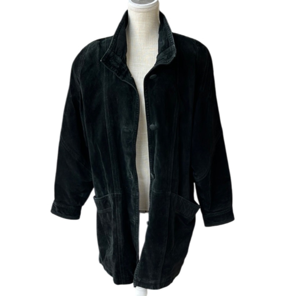 SILVERLEAF Women’s Black Suede Leather Long Jacket- Large - Picture 2 of 12